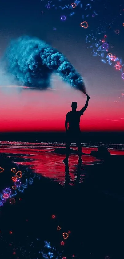 Silhouette holds blue smoke against a vibrant pink and blue sky at the ocean.