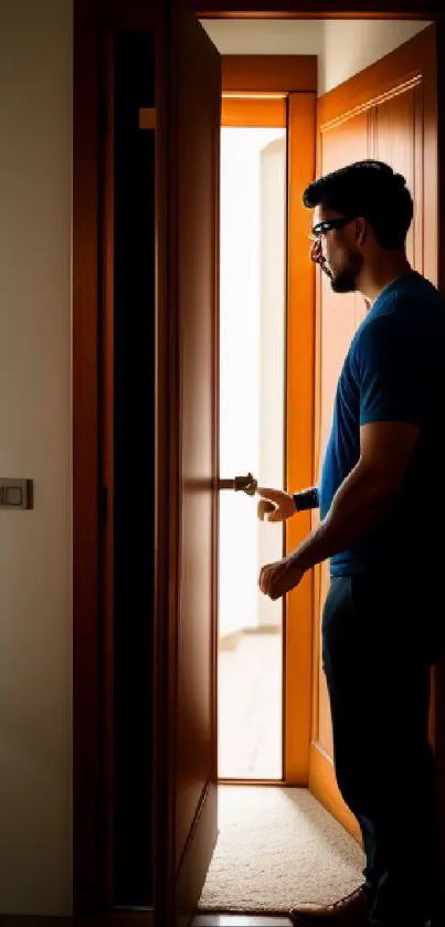 Silhouette of a man standing at a door with warm lighting.