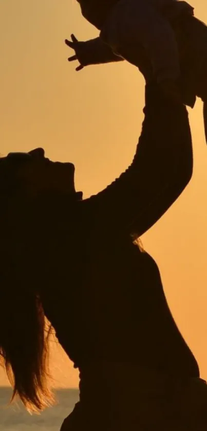 Silhouette of a mother lifting child at sunset on beach.