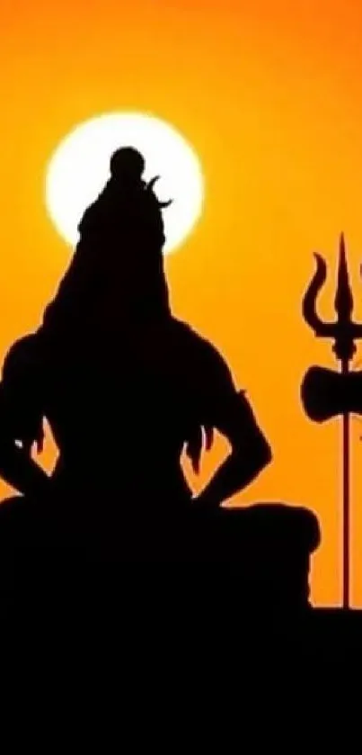 Silhouette of Lord Shiva with a trident against an orange sunset.