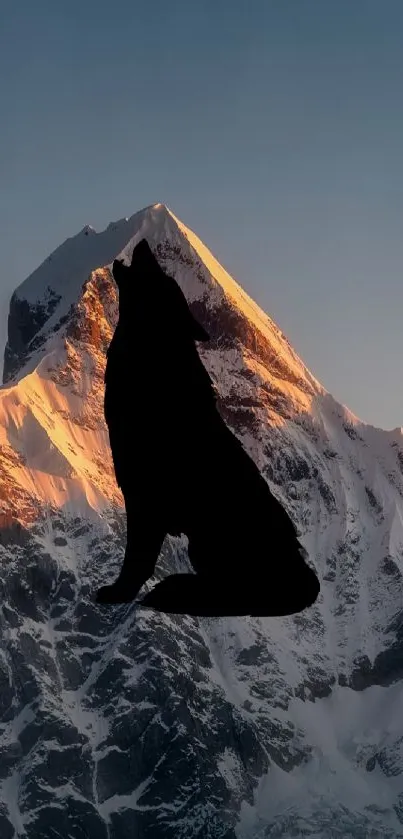 Silhouette of a wolf on a snowy mountain at sunset.