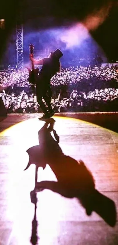 Silhouette of a performer with a guitar onstage in front of a live audience.