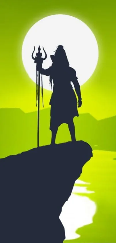 Silhouette of a figure on a mountain against a green backdrop with a full moon.