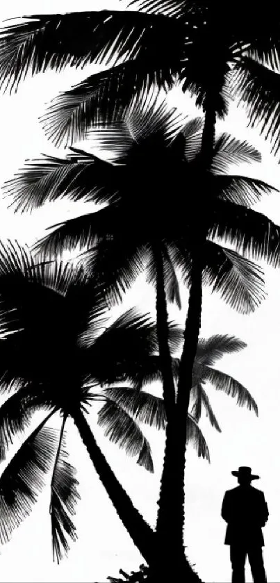 Silhouette of palm trees and a figure in black and white.