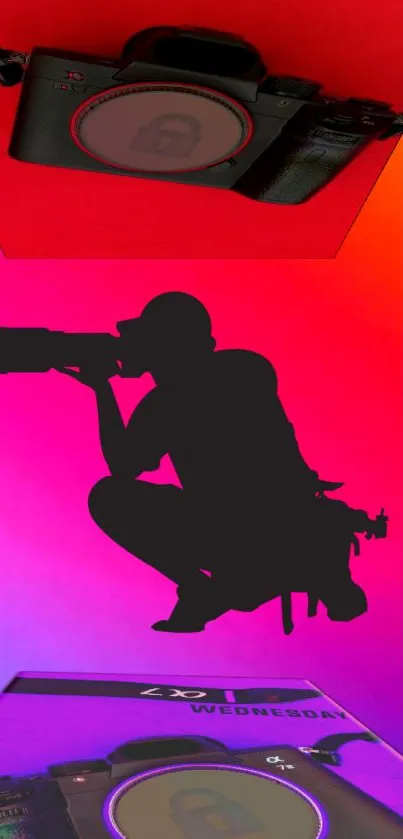 Silhouette of a photographer on vibrant red-pink background with camera.