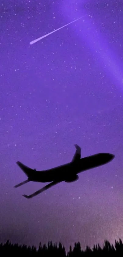 Silhouette of a plane against a purple starry night sky wallpaper.