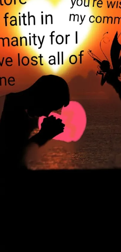 Silhouette of person praying with fairy at sunset with text overlay.