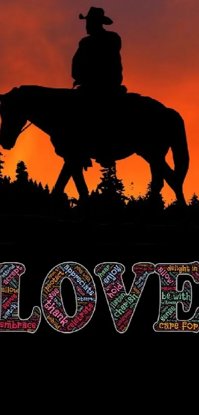 Cowboy silhouette with LOVE text at sunset.