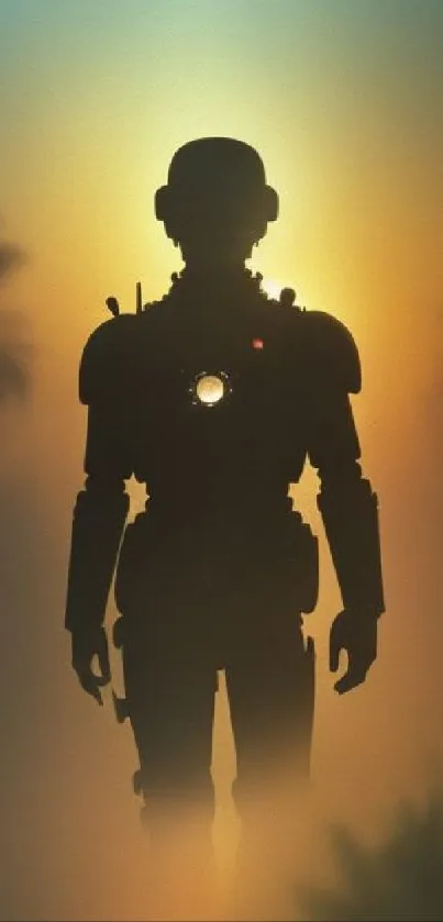 Silhouette of a robot against a glowing sunset backdrop with gradient hues.