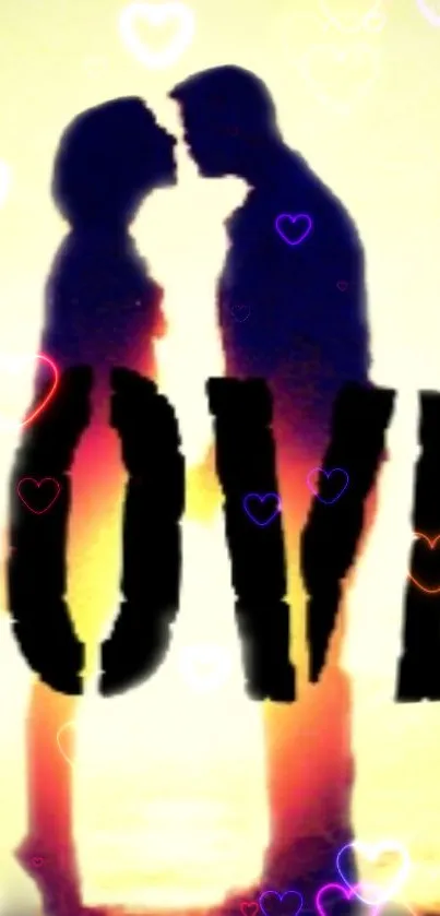 Silhouette of a couple with love text in warm colors.