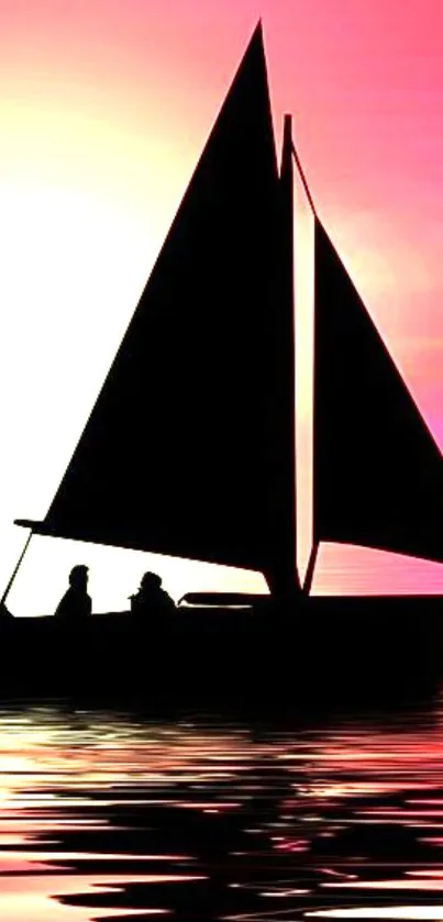 Silhouette sailboat against a pink sunset over calm water.