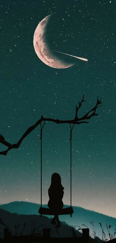 Silhouette on swing under crescent moon at night with shooting star.