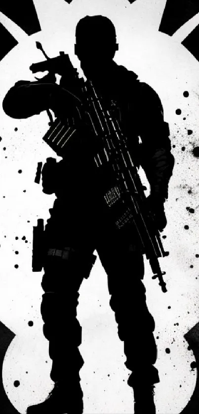 Silhouette of a soldier in black and white on a mobile wallpaper.