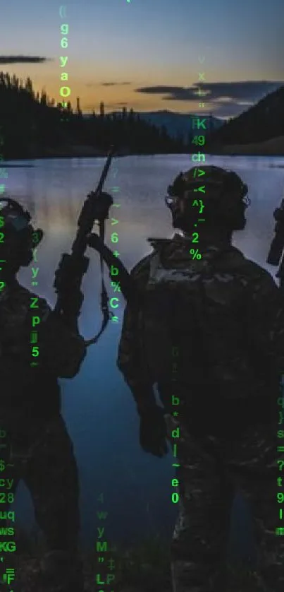 Silhouetted soldiers at lake with Matrix code overlay.