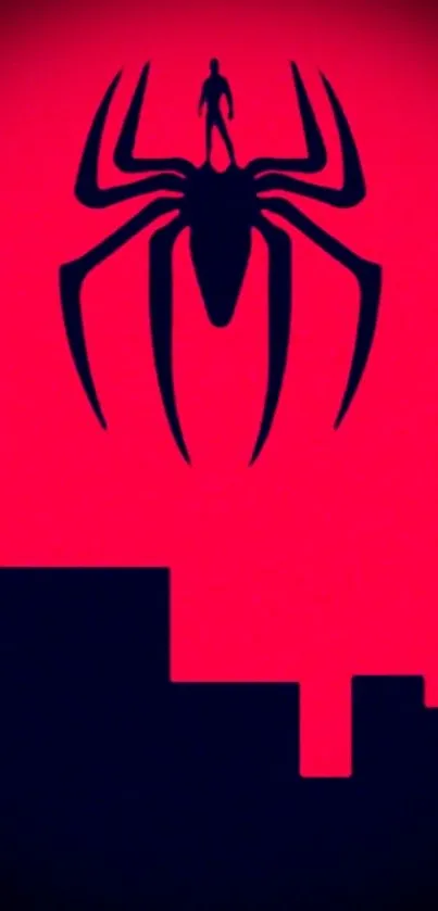 Silhouette of a spider over a red city skyline in a night themed phone wallpaper.