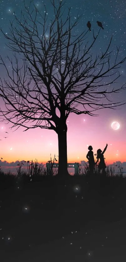 Silhouette of tree and people under a starry night sky with sunset.