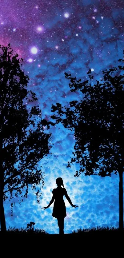 Silhouette of a girl under starry night sky with trees. Vibrant purple and blue hues.