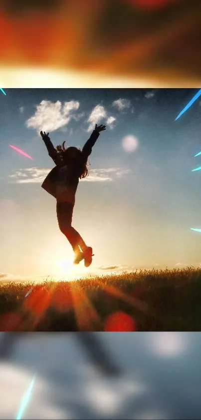 Silhouette jumping joyfully under a sunset sky with vibrant colors and light flares.