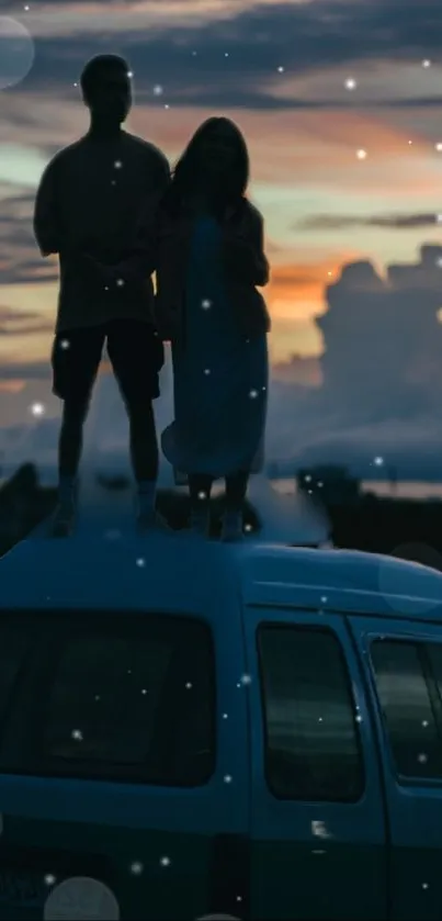 Silhouette of two people on van at sunset with bokeh effects.