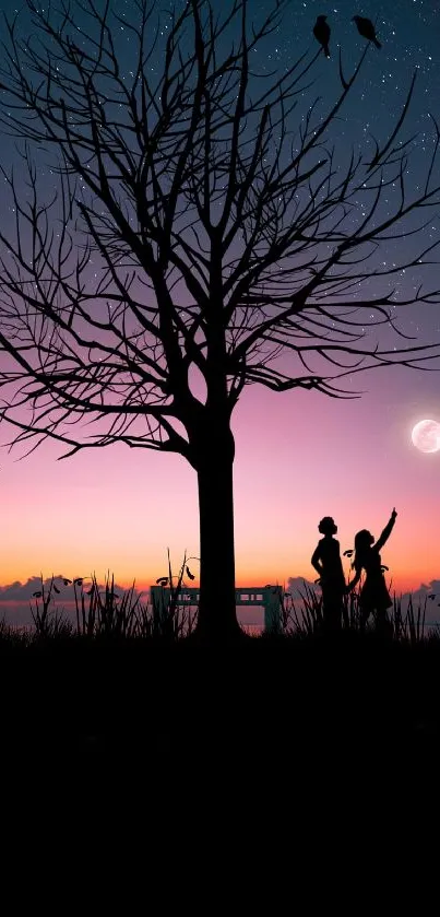 Silhouette of tree and figures at sunset with starry sky.