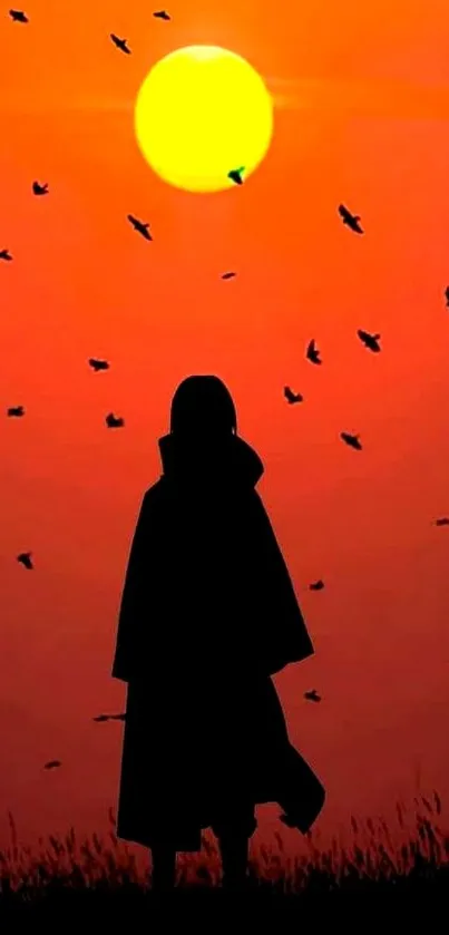 Silhouette against an orange sunset with flying birds.