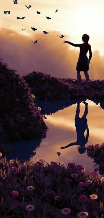 Silhouette of person by a reflective pool at sunset, surrounded by butterflies.