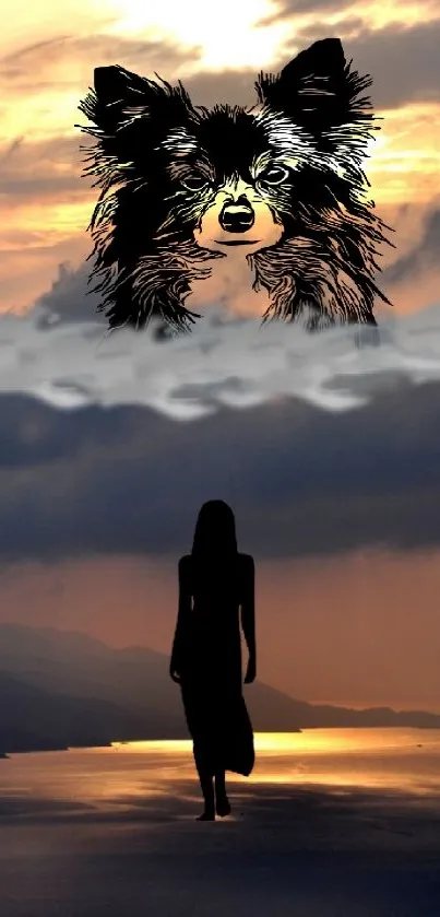 Silhouette in front of sunset with artistic cloud art.