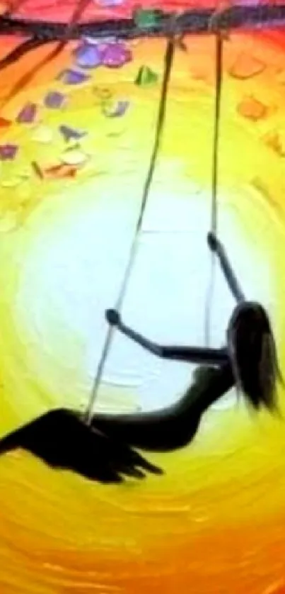 Artistic silhouette on a swing against a bright, colorful sunrise background.