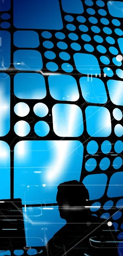 Silhouette over blue digital tech background with pixelated patterns.