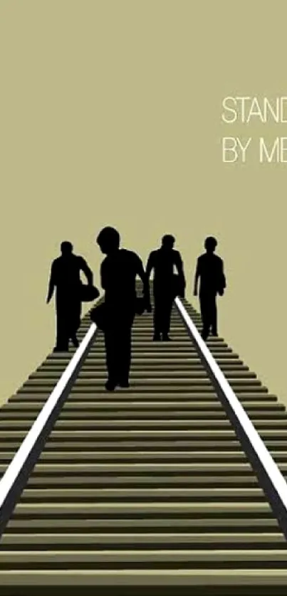 Silhouette figures walking on a train track minimalist wallpaper.