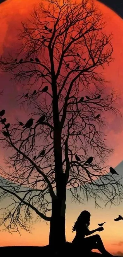 Silhouette tree and orange moon with birds in a night scene.