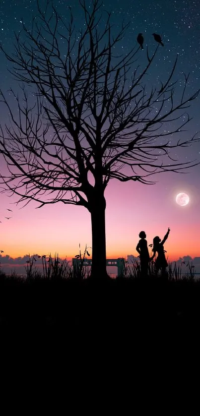 Silhouette tree and people against a colorful dusk sky with a visible moon.