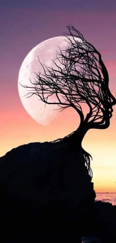 Tree silhouette forming a face against a sunset sky mobile wallpaper.