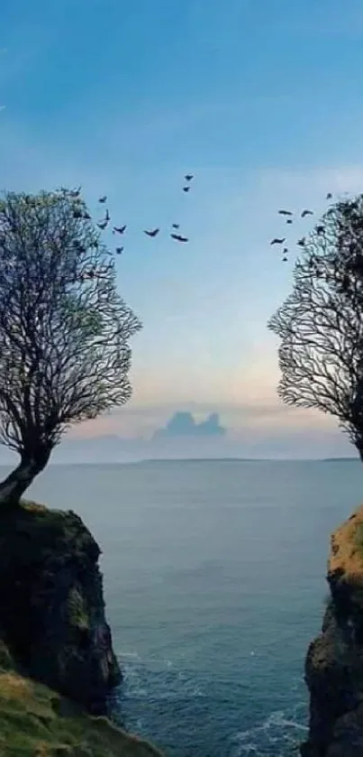 Artistic silhouettes of trees shaped like faces on a cliff at sunset.