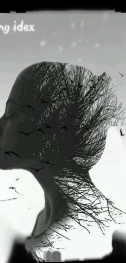 Silhouette of woman blended with tree and birds in a serene black and white art.