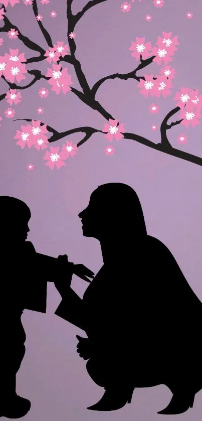 Silhouette of mother and child under cherry blossom tree on purple background.