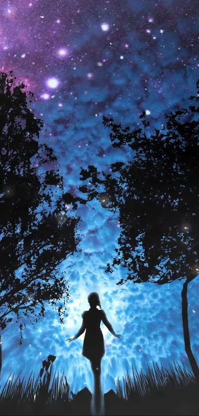 Silhouette of a person under a galaxy-lit night sky with stars.