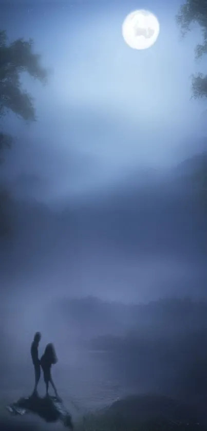 Silhouette of a couple under a moonlit sky in a misty forest scene.