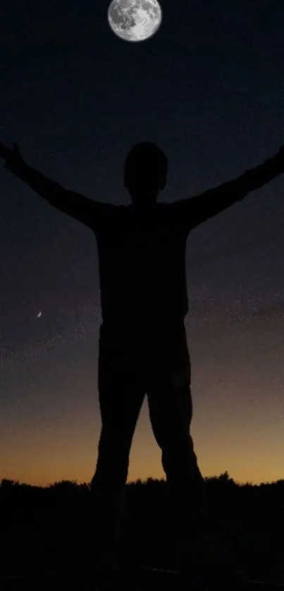 Silhouette of a person under a moonlit night sky, arms raised in tranquility.