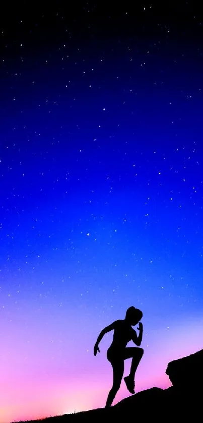 Silhouette of person against a starry sky at twilight with vibrant blue hues.