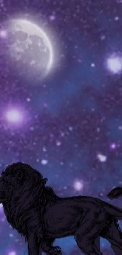 Silhouette of woman in starry, purple night sky with cosmic lion.