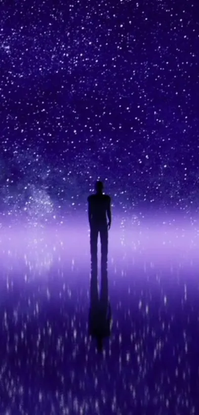 Silhouette standing under a starry sky with purple reflections.