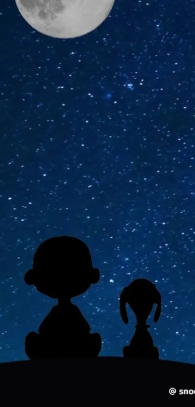 Silhouettes under a starry sky with a full moon.