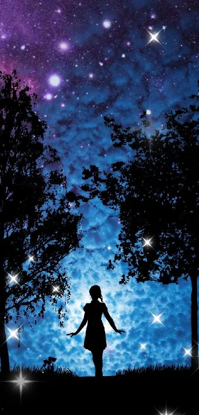 Silhouette of a girl beneath a starry night sky with trees and cosmic colors.