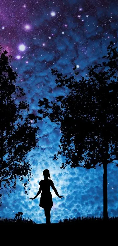 Silhouette of a girl with trees under a starry sky, creating a mystical night scene.