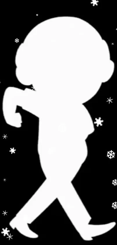 Silhouette walking with snowflakes on black background wallpaper.