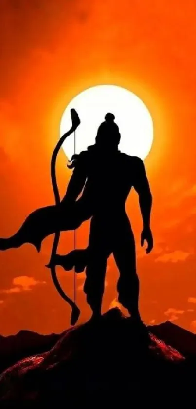 Warrior silhouetted against a glowing sunset with a bow.