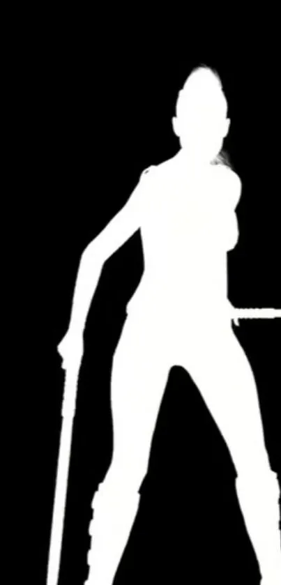 Black and white silhouette of a warrior in dynamic pose.