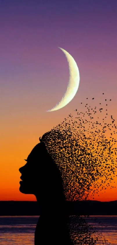 Silhouette of woman dissolving under a crescent moon during a vibrant sunset.