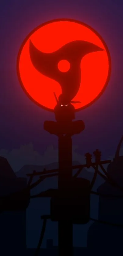 Silhouette with glowing eyes against a bright red moon.